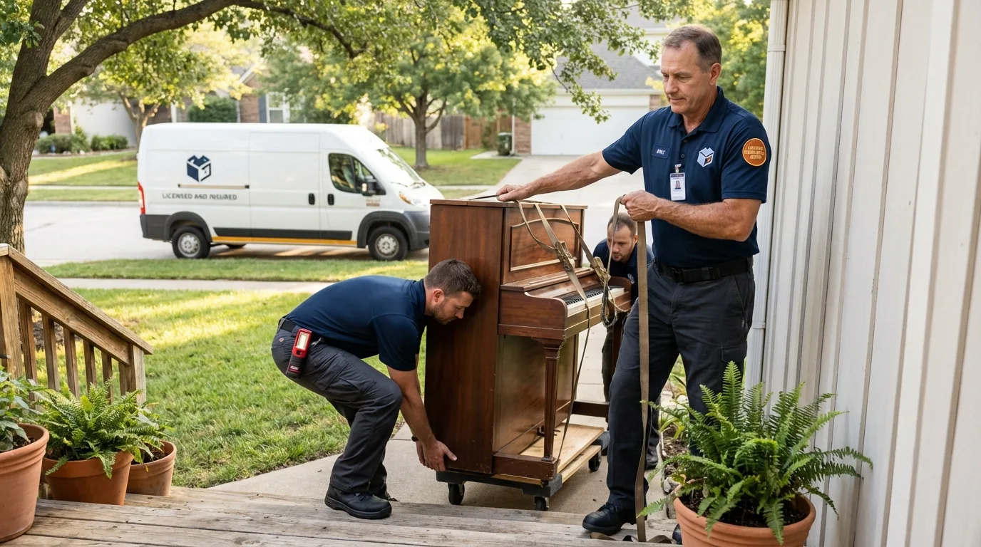 Licensed piano movers securing grand piano in Harrisburg, SD