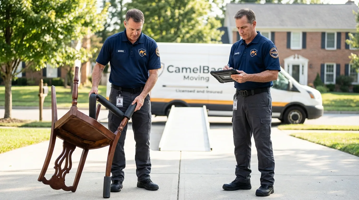 Movers inspecting furniture for damage prevention before loading in Harrisburg, SD