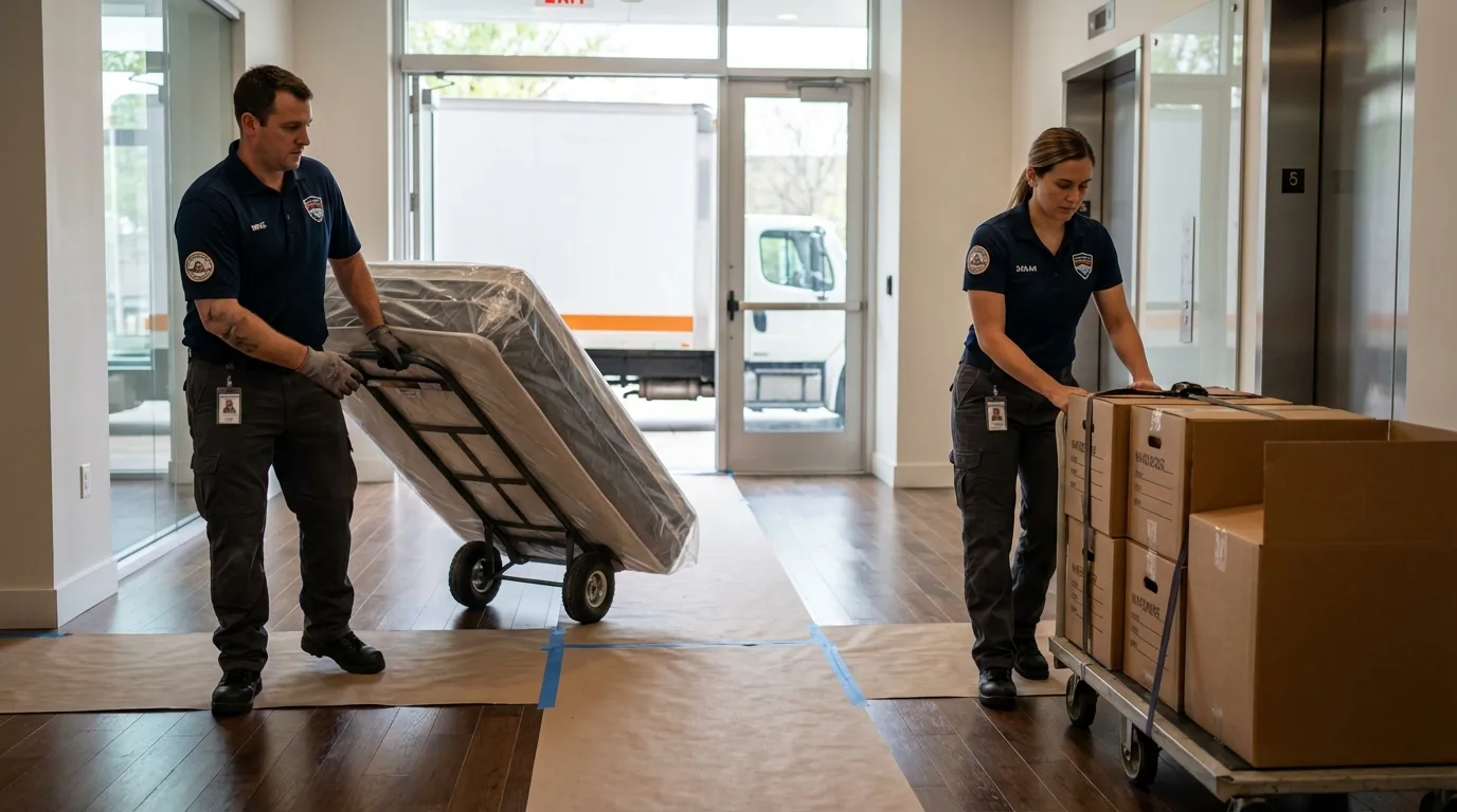 Professional apartment movers loading elevator in Harrisburg, SD
