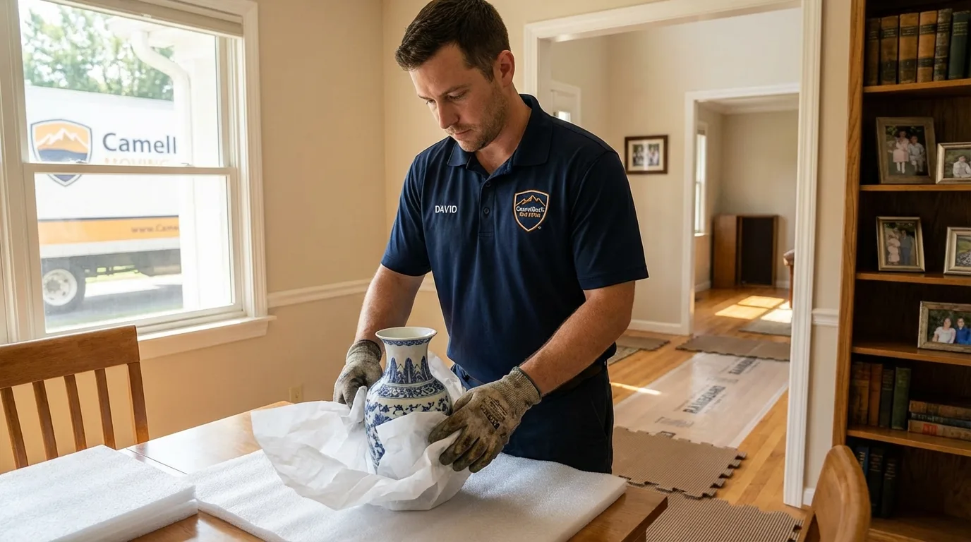 Professional crew carefully wrapping antique vase for senior downsizing move in Harrisburg, SD